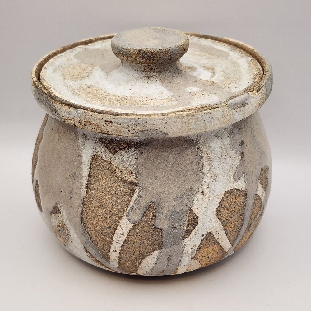 Studio Art Pottery Natural Grit Finish White Taupe Drip Glaze Jar Lid